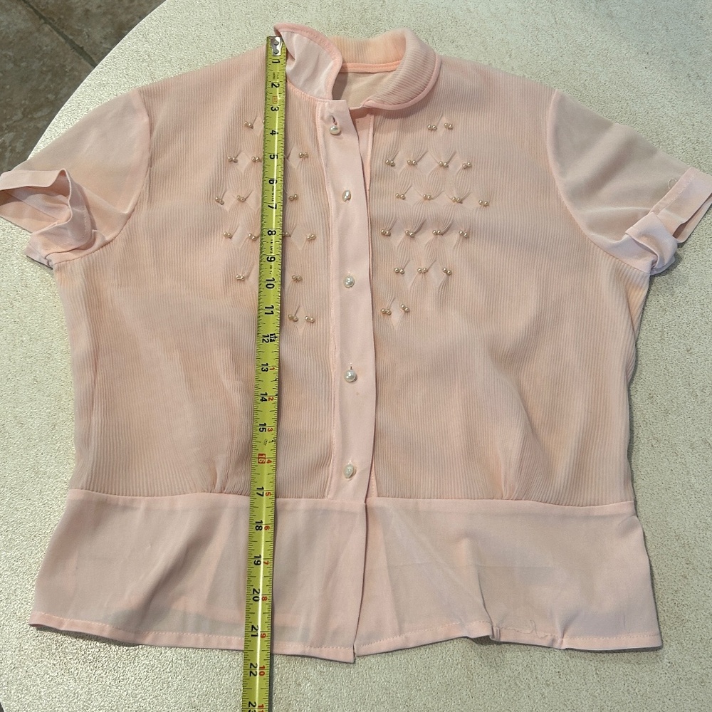 1950’s Vintage Blouse Feminine Pink Faux Pearls Pleated Size Large - Picture 7 of 9